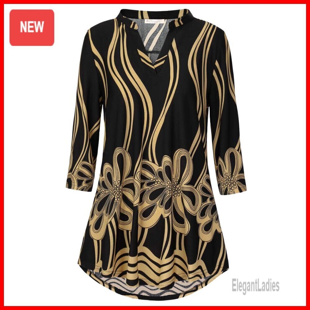 3/4 Sleeve V Neck Tunic Top Floral Blouse Loose Fit Work Casual